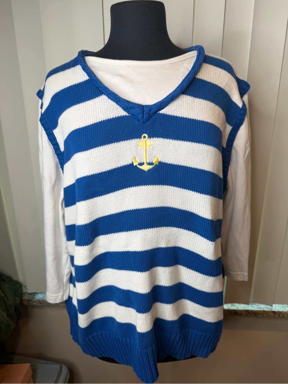 C.J Banks Striped Blue White Sleeveless Knit Sweater Vest  Anchor Detail Size 2X